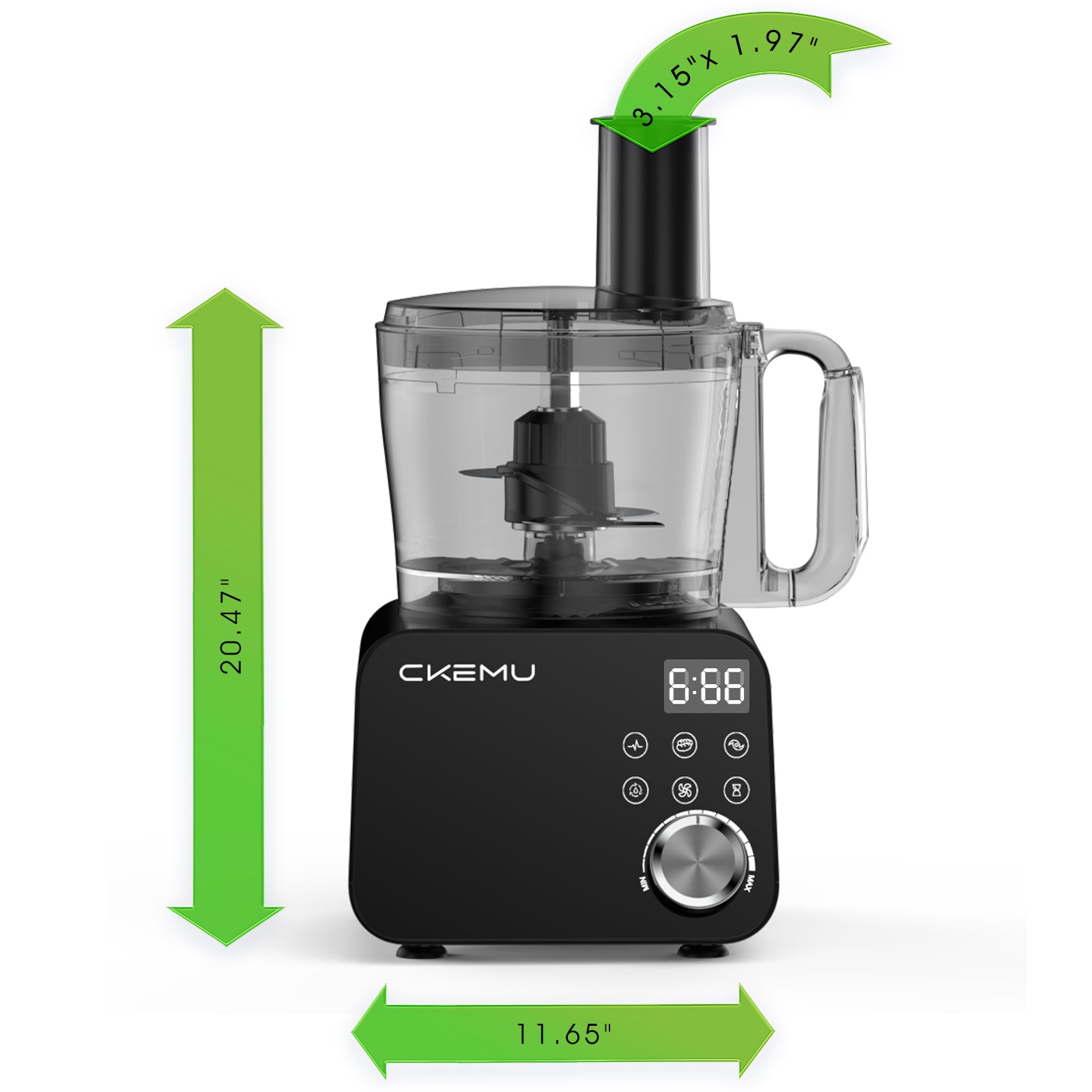 CKEMU Smart Food Processor and Vegetable Chopper, 6 Automatic Functions, BPA Free, Stainless Steel Blades, 12 Cup Bowl, 600-Watt Motor, Black