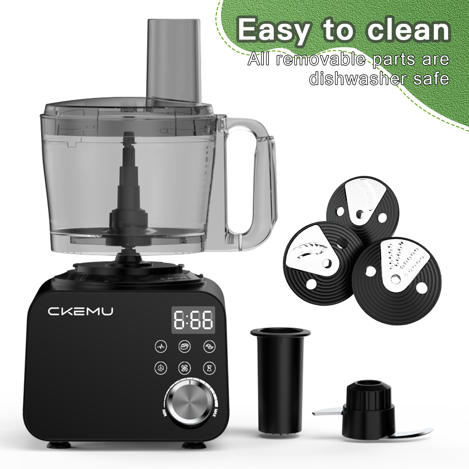 CKEMU Smart Food Processor and Vegetable Chopper, 6 Automatic Functions, BPA Free, Stainless Steel Blades, 12 Cup Bowl, 600-Watt Motor, Black