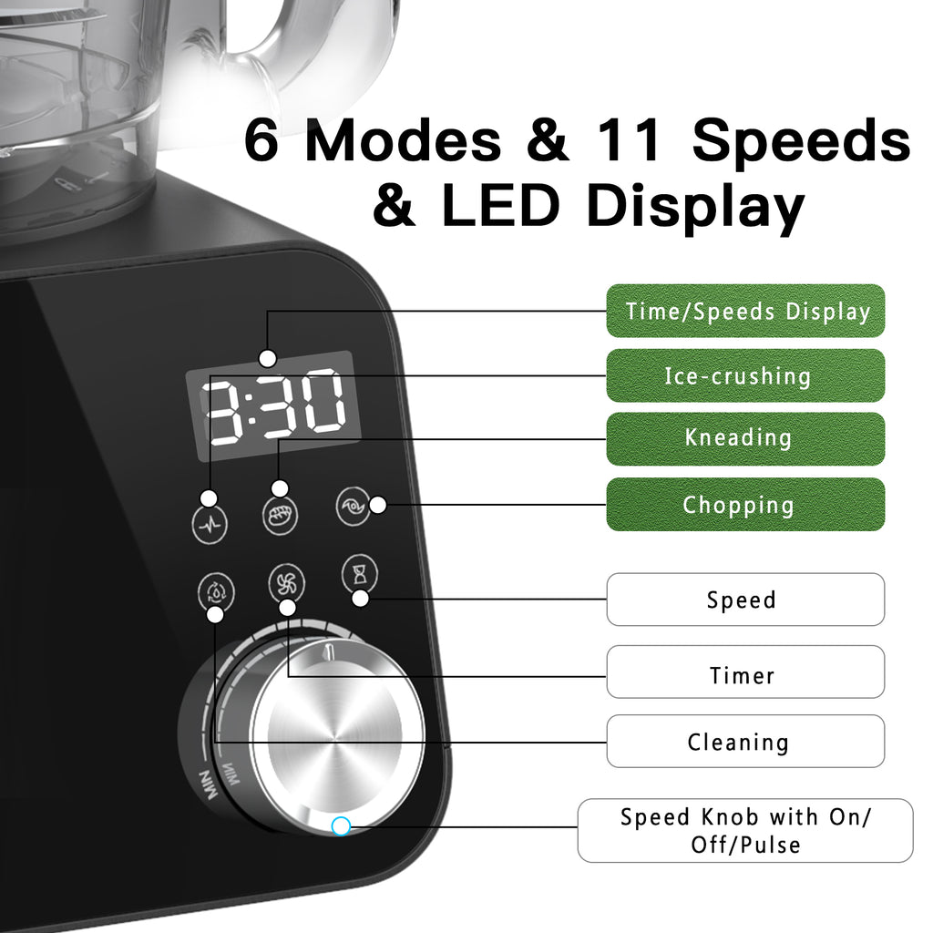 CKEMU Smart Food Processor and Vegetable Chopper, 6 Automatic Functions, BPA Free, Stainless Steel Blades, 12 Cup Bowl, 600-Watt Motor, Black